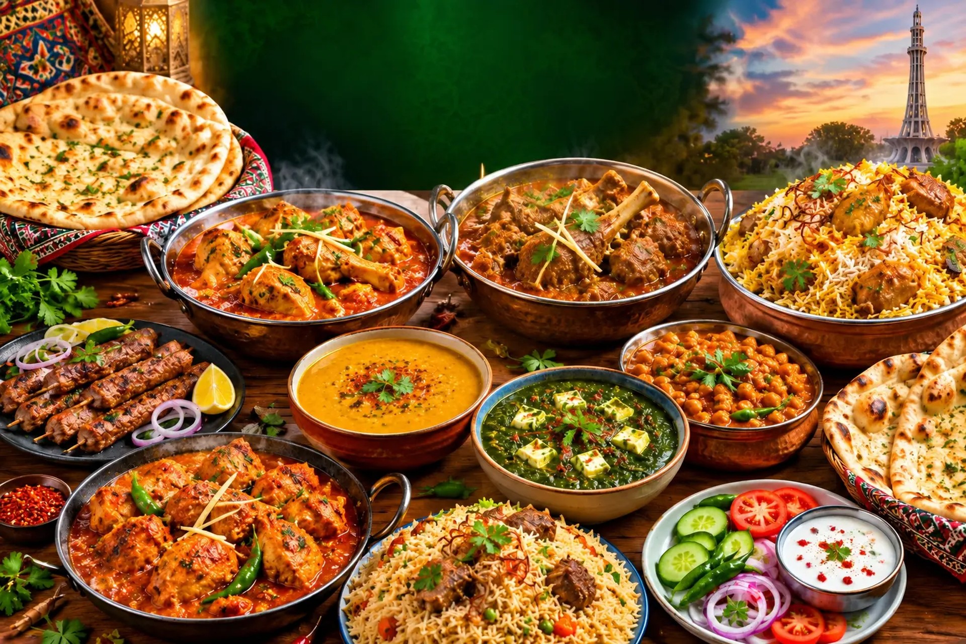 Pakistani food spread with karahi, biryani, naan and kebabs